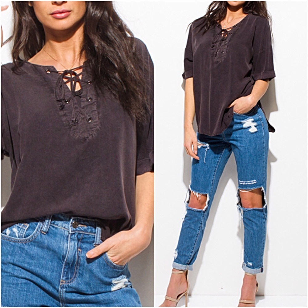 Mineral Wash Lace Up Perfect Top SMLXL - Picture 3 of 8